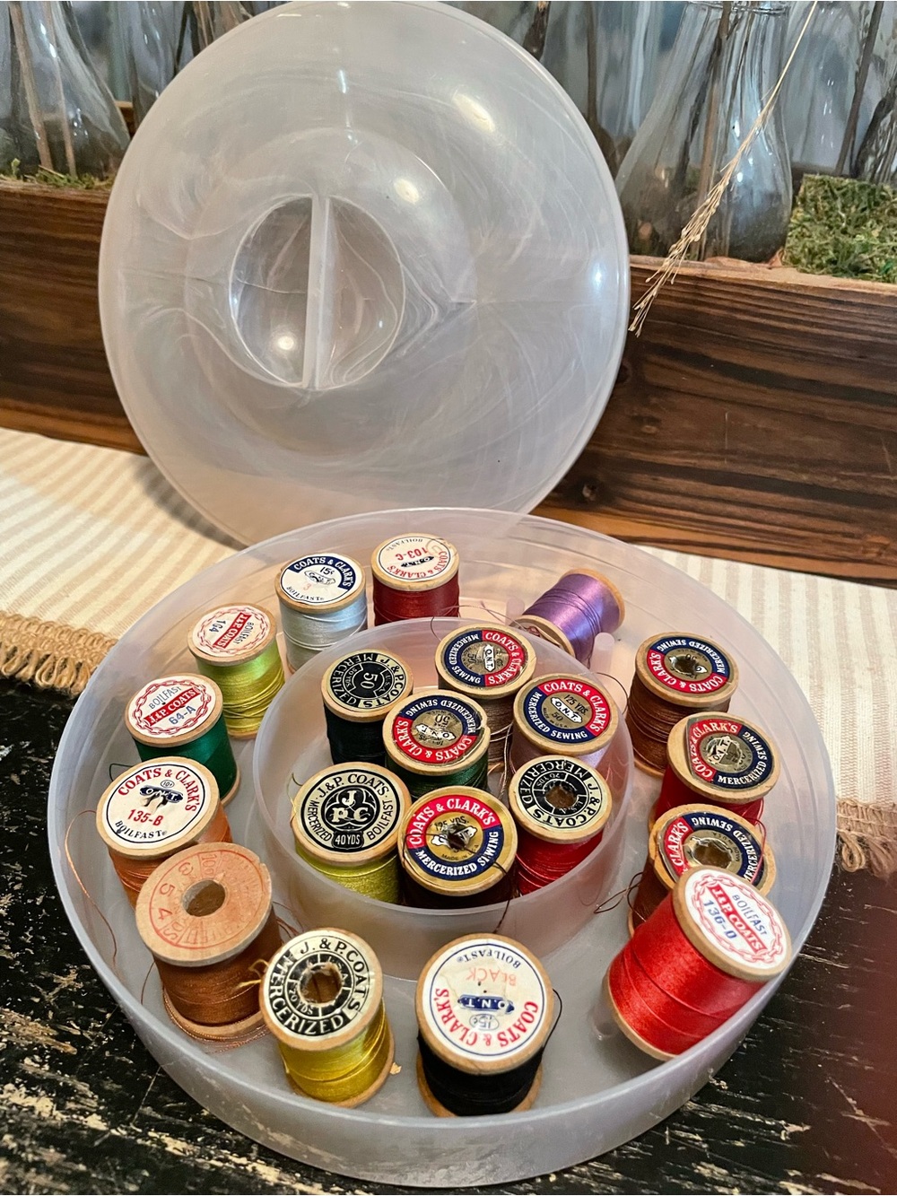 Vintage Thread Spool Set in Red, Yellow, Green, Black, Purple, Brown